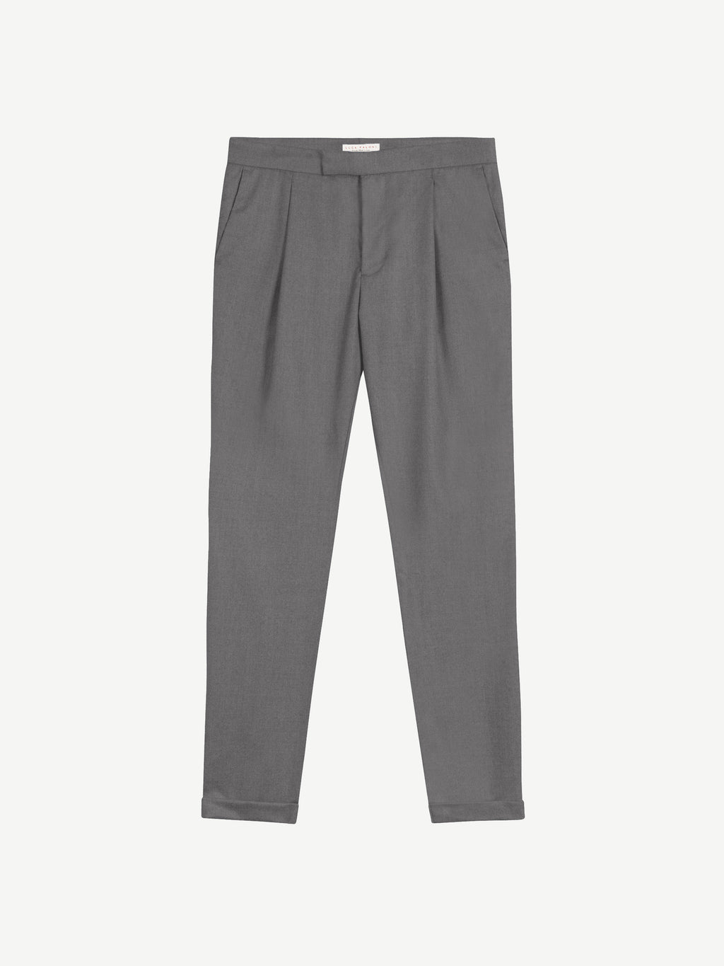 Front view of the Luca Faloni Light Grey Wool Suit trousers, laid flat on a white background.