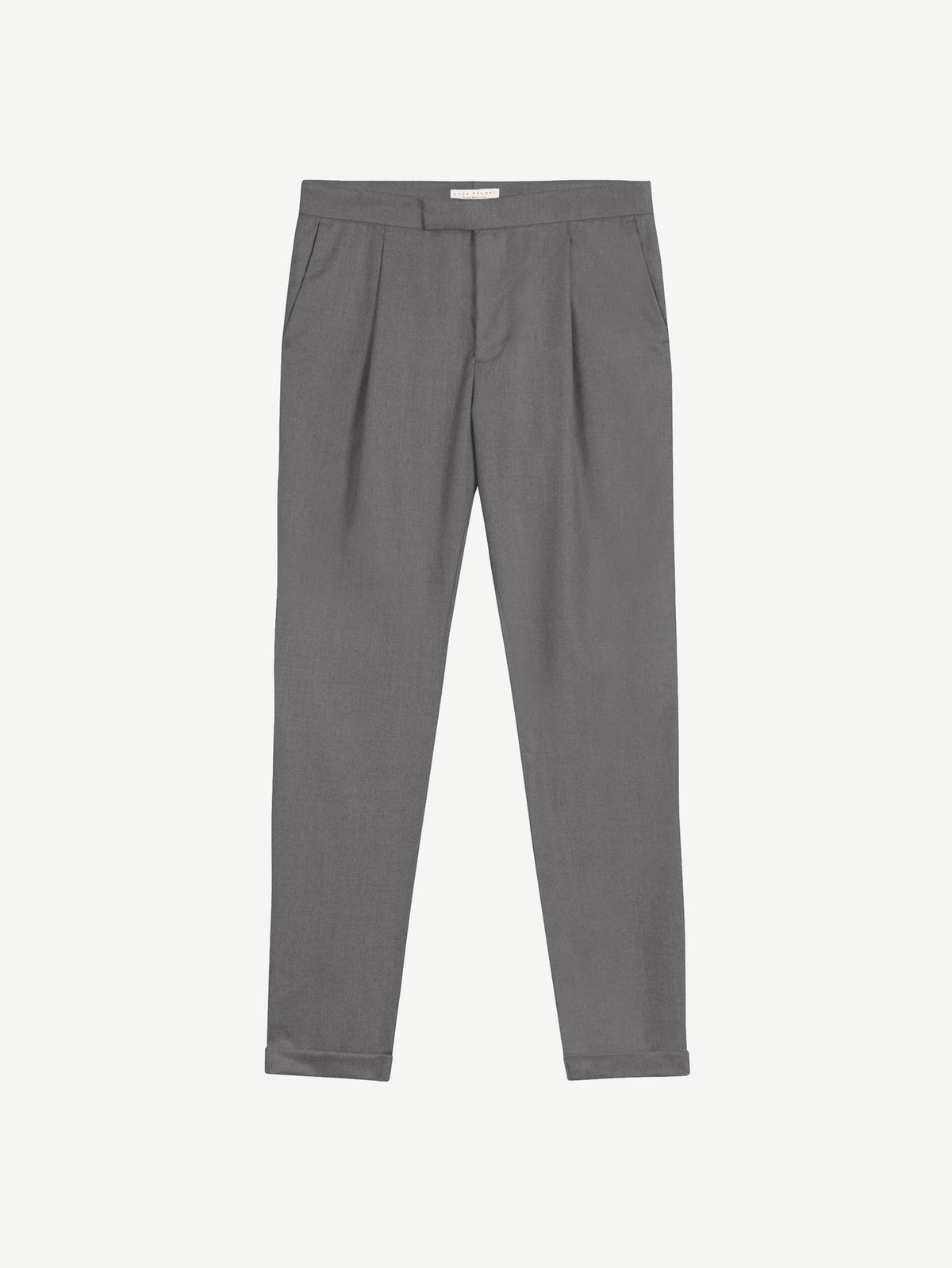 Front view of the Luca Faloni Light Grey Wool Suit trousers, laid flat on a white background.