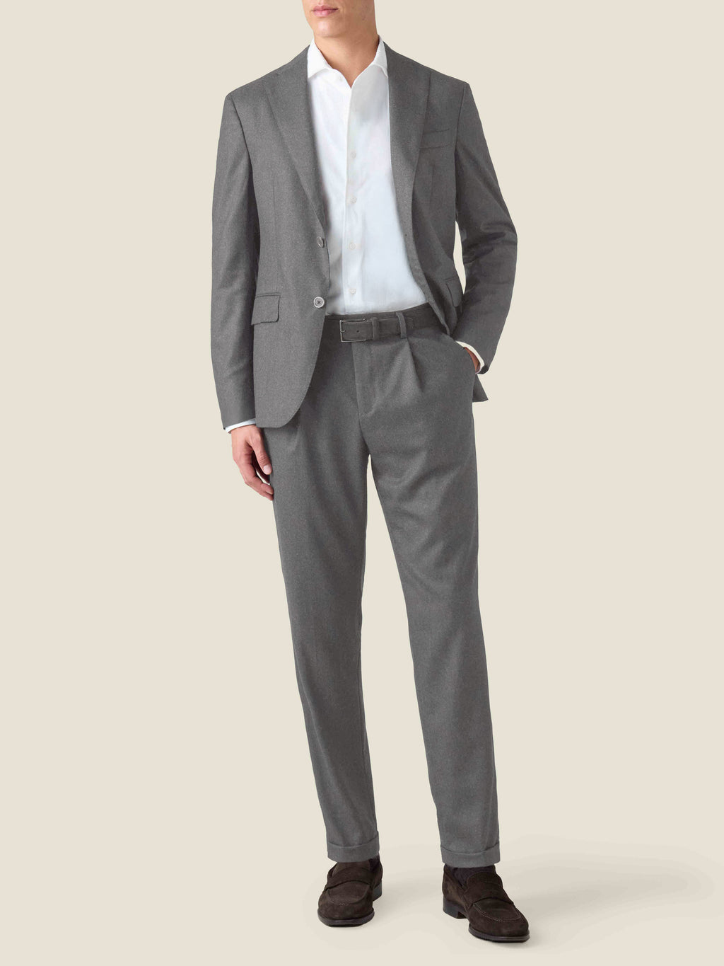 Front view of a model wearing the Luca Faloni Light Grey Wool Suit against a plain background.