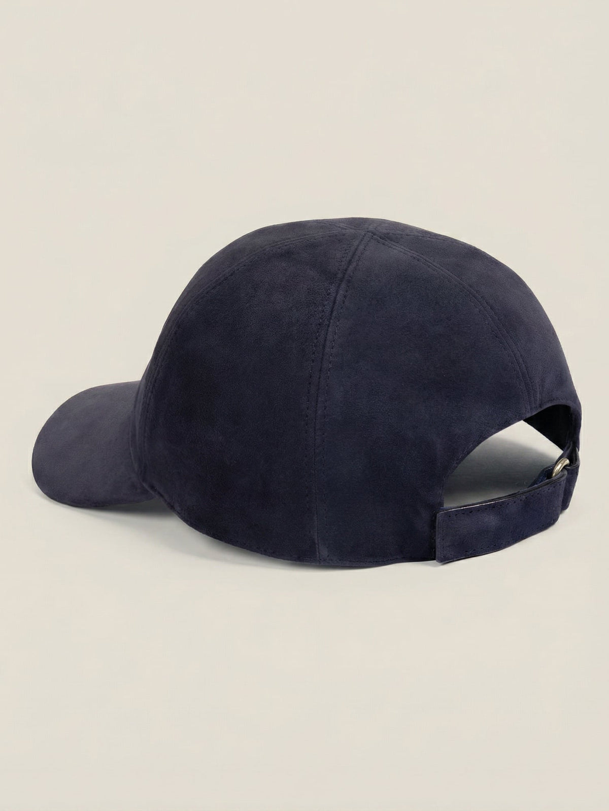 Rear view of the Midnight Blue Suede Baseball Cap featuring an adjustable back strap and soft goatskin texture.