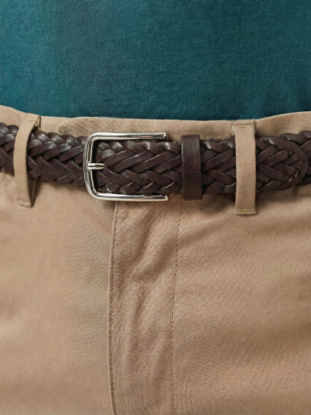 Woven Chocolate Brown Western Calf Leather Belt with a metal buckle, worn with sand-colored trousers.