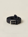 Midnight Blue Western Calf Leather Belt with a woven texture and silver-tone metal buckle, coiled on a neutral background.