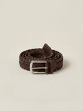Chocolate brown Western Calf Leather Belt with a woven texture and silver-toned buckle, coiled on a light background.