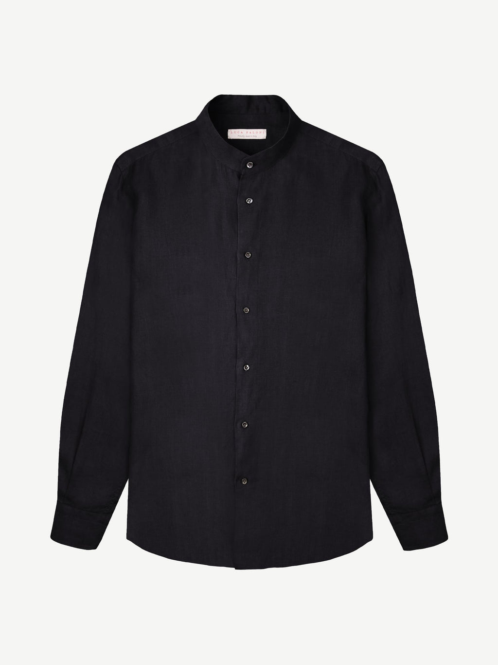 Front view of the black Versilia Linen Shirt with a band collar, laid flat against a white background.