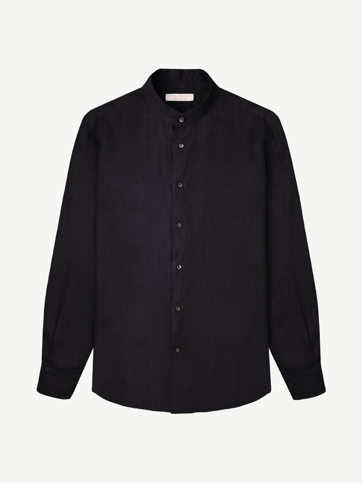 Front view of the black Versilia Linen Shirt with a band collar, laid flat against a white background.
