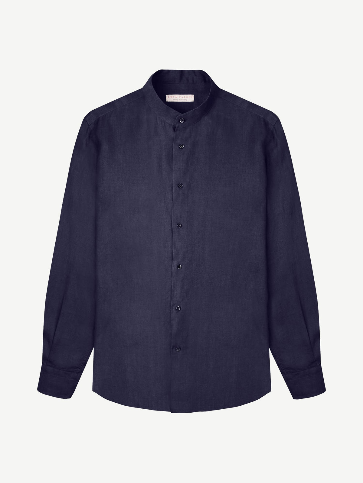 Front view of the navy blue Versilia Linen Shirt with a band collar, laid flat on a plain background.