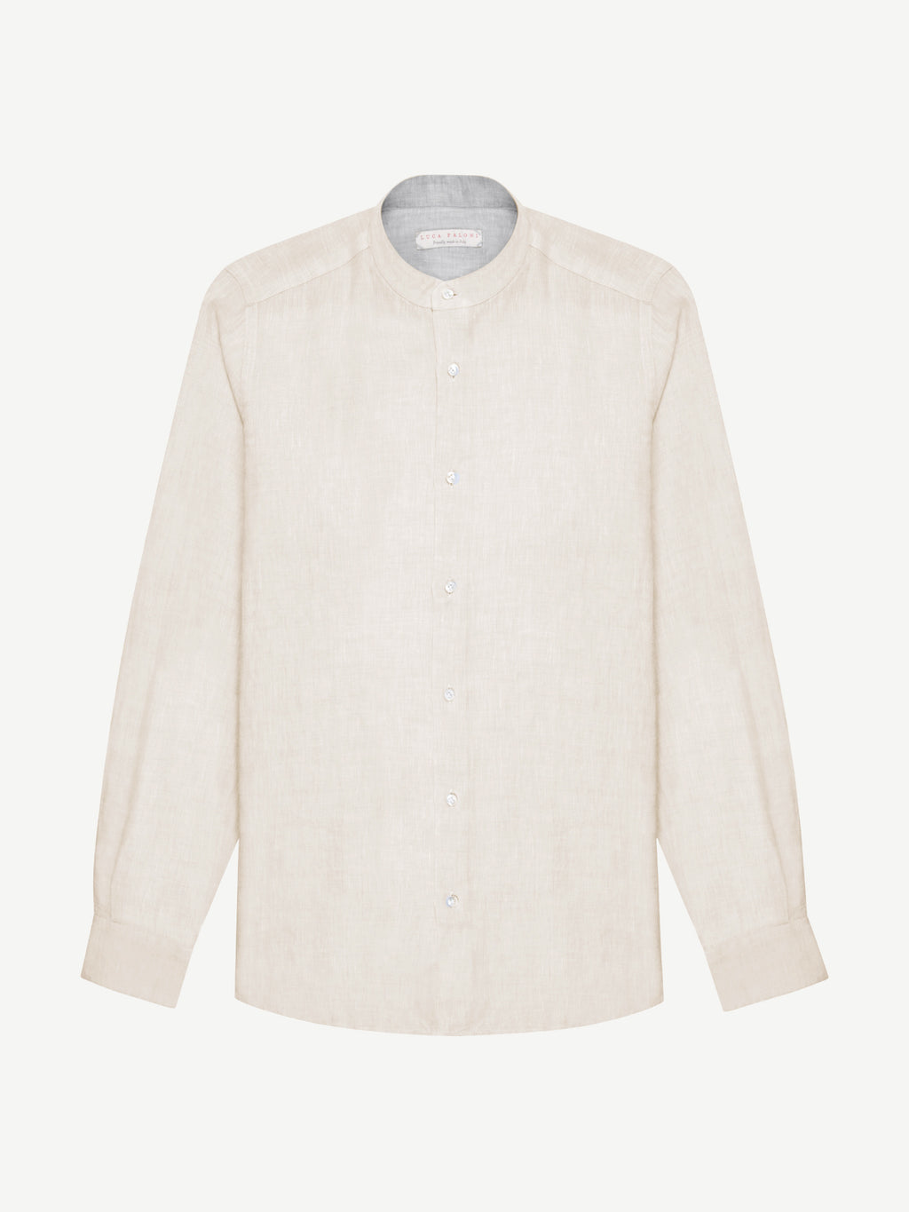 Front view of the beige Versilia Linen Shirt with a band collar, laid flat on a white background.
