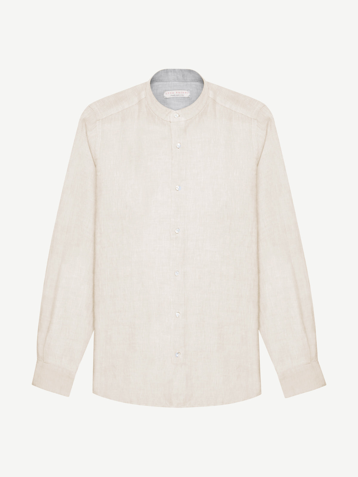 Front view of the beige Versilia Linen Shirt with a band collar, laid flat on a white background.