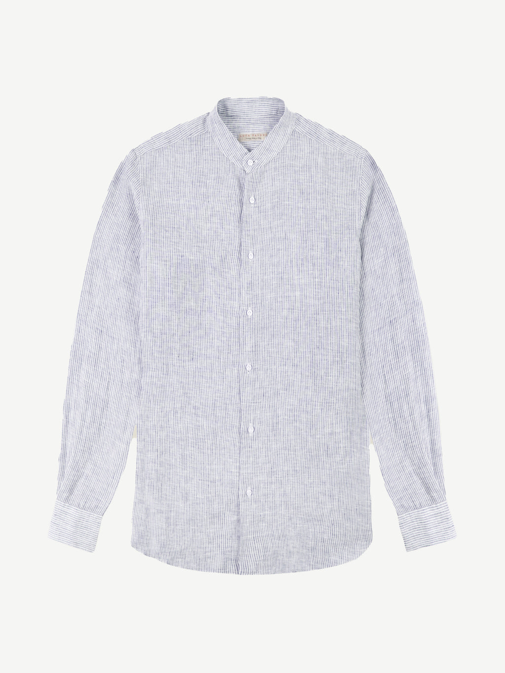 Front view of the blue and white striped Versilia Linen Shirt with a band collar, laid flat.