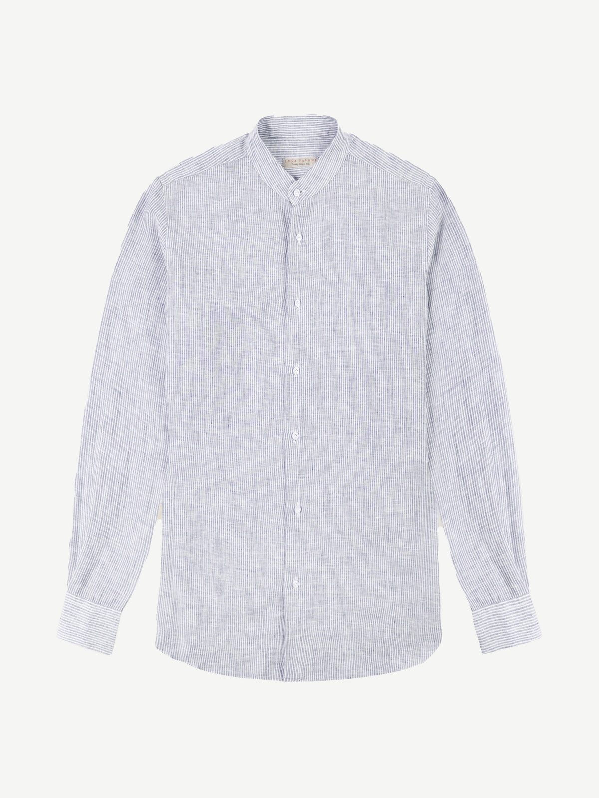 Front view of the blue and white striped Versilia Linen Shirt with a band collar, laid flat.