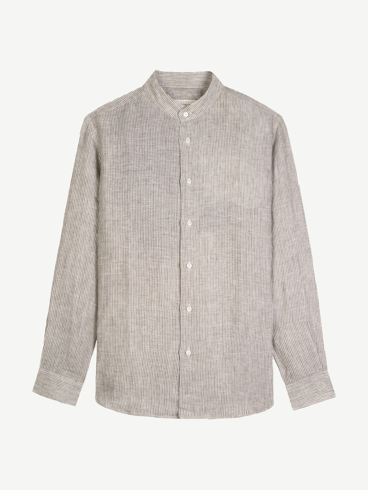 Front view of the brown and white striped Versilia Linen Shirt, laid flat on a plain background.