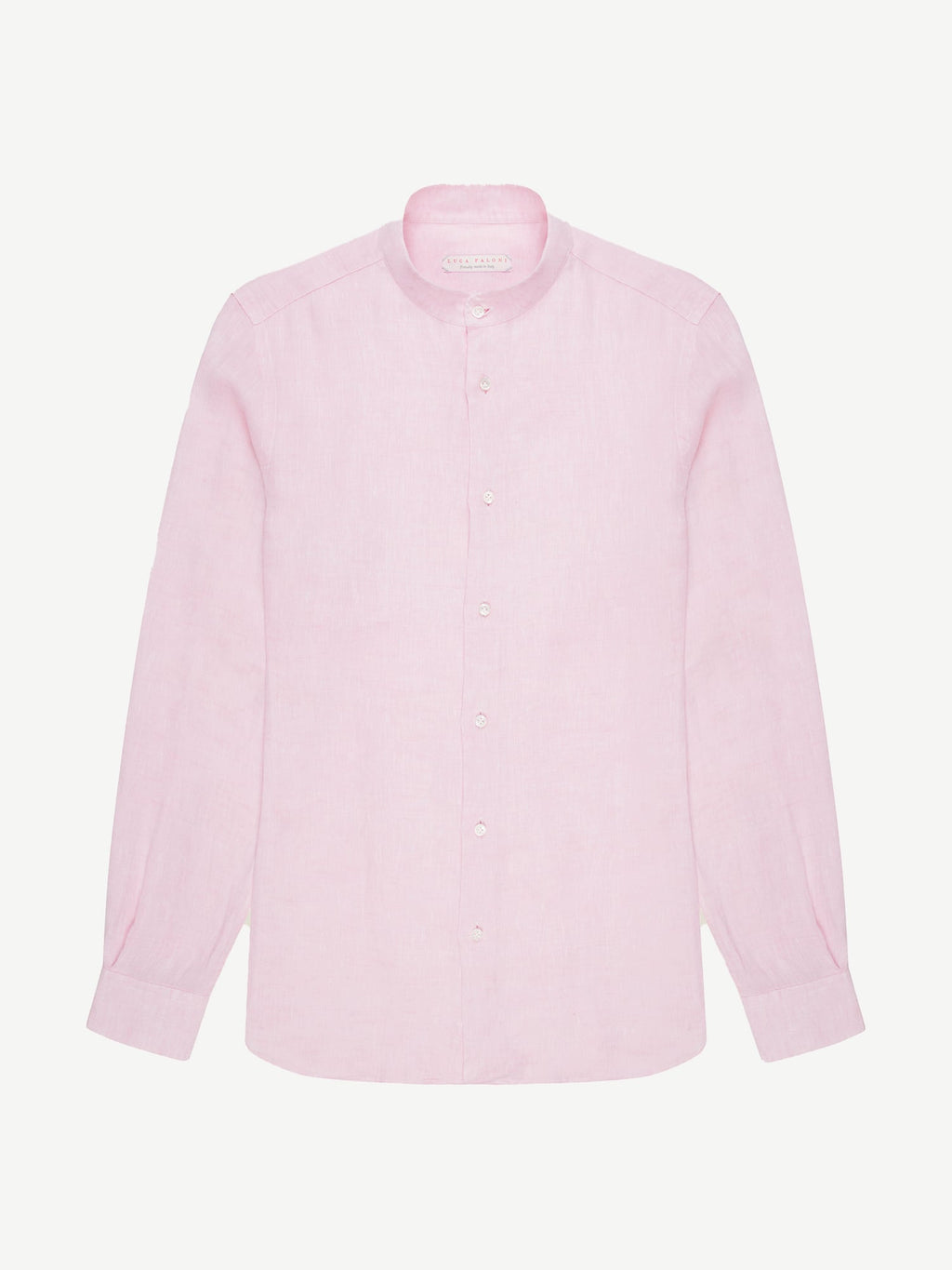 Front view of the pink Versilia Linen Shirt with a band collar, laid flat on a white background.