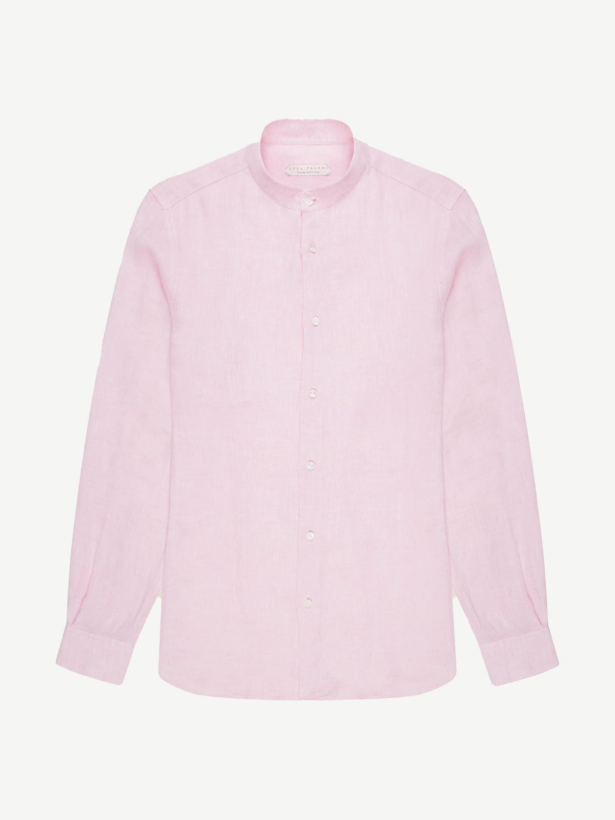 Front view of the pink Versilia Linen Shirt with a band collar, laid flat on a white background.