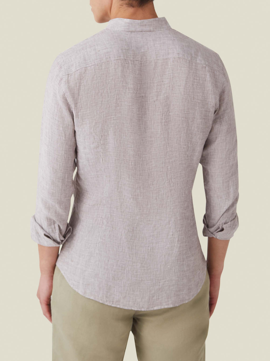 Rear view of the Nocciola brown striped Versilia Linen Shirt in breathable Italian linen with a classic band collar.