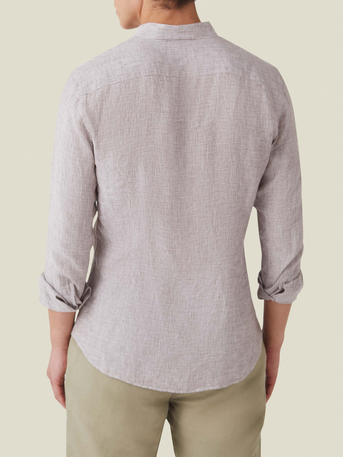Rear view of the Nocciola brown striped Versilia Linen Shirt in breathable Italian linen with a classic band collar.