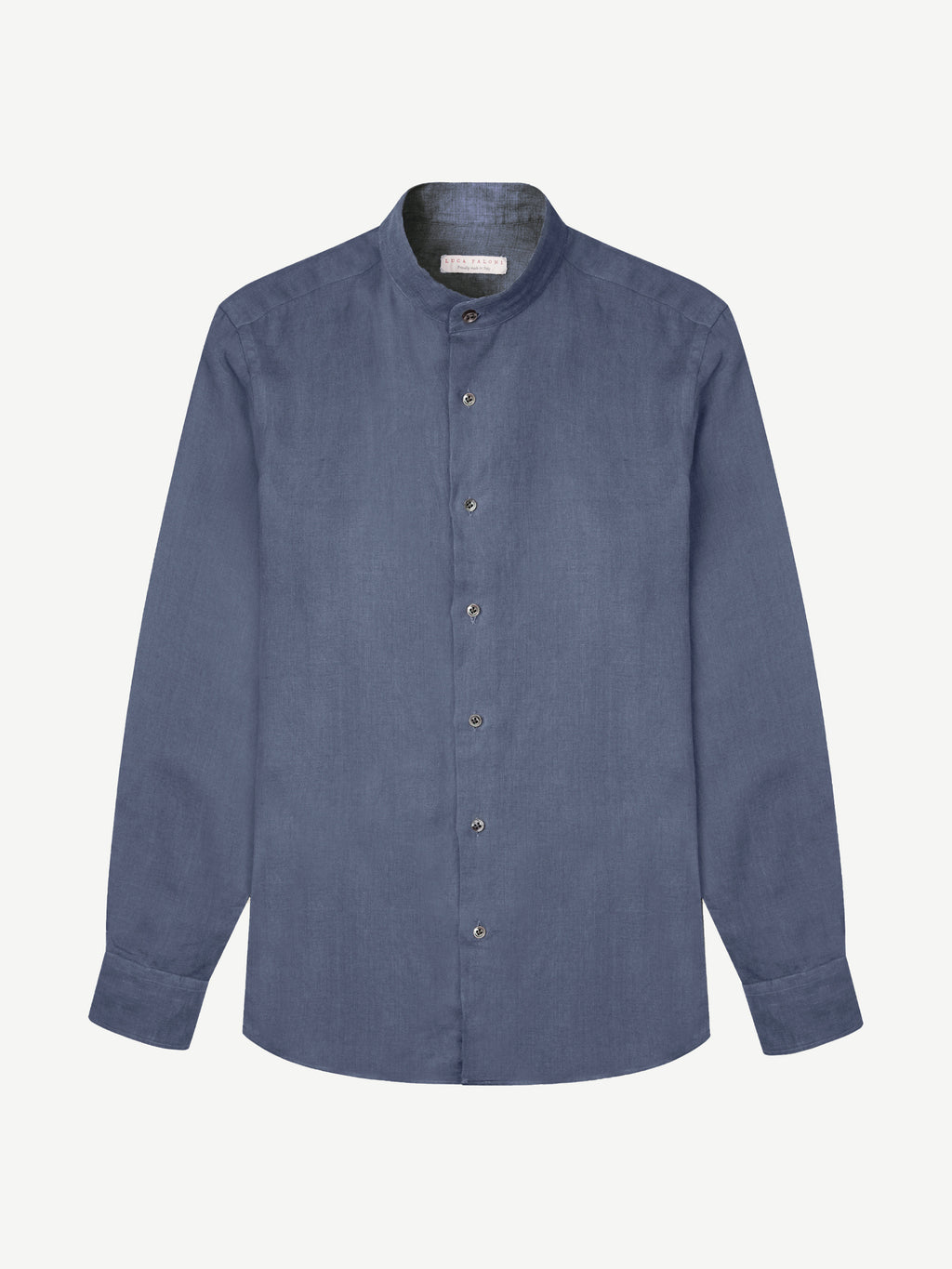 Front view of the navy blue Versilia Linen Shirt with a band collar, laid flat against a white background.