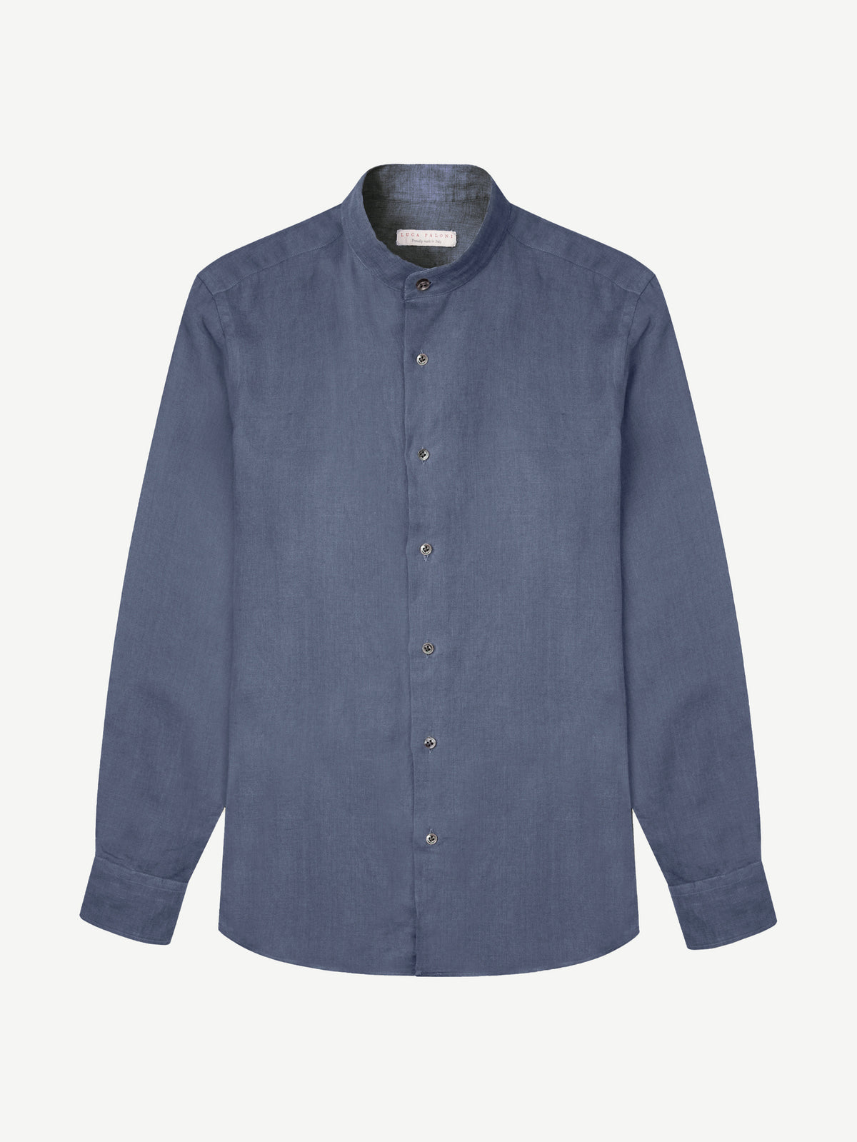 Front view of the navy blue Versilia Linen Shirt with a band collar, laid flat against a white background.