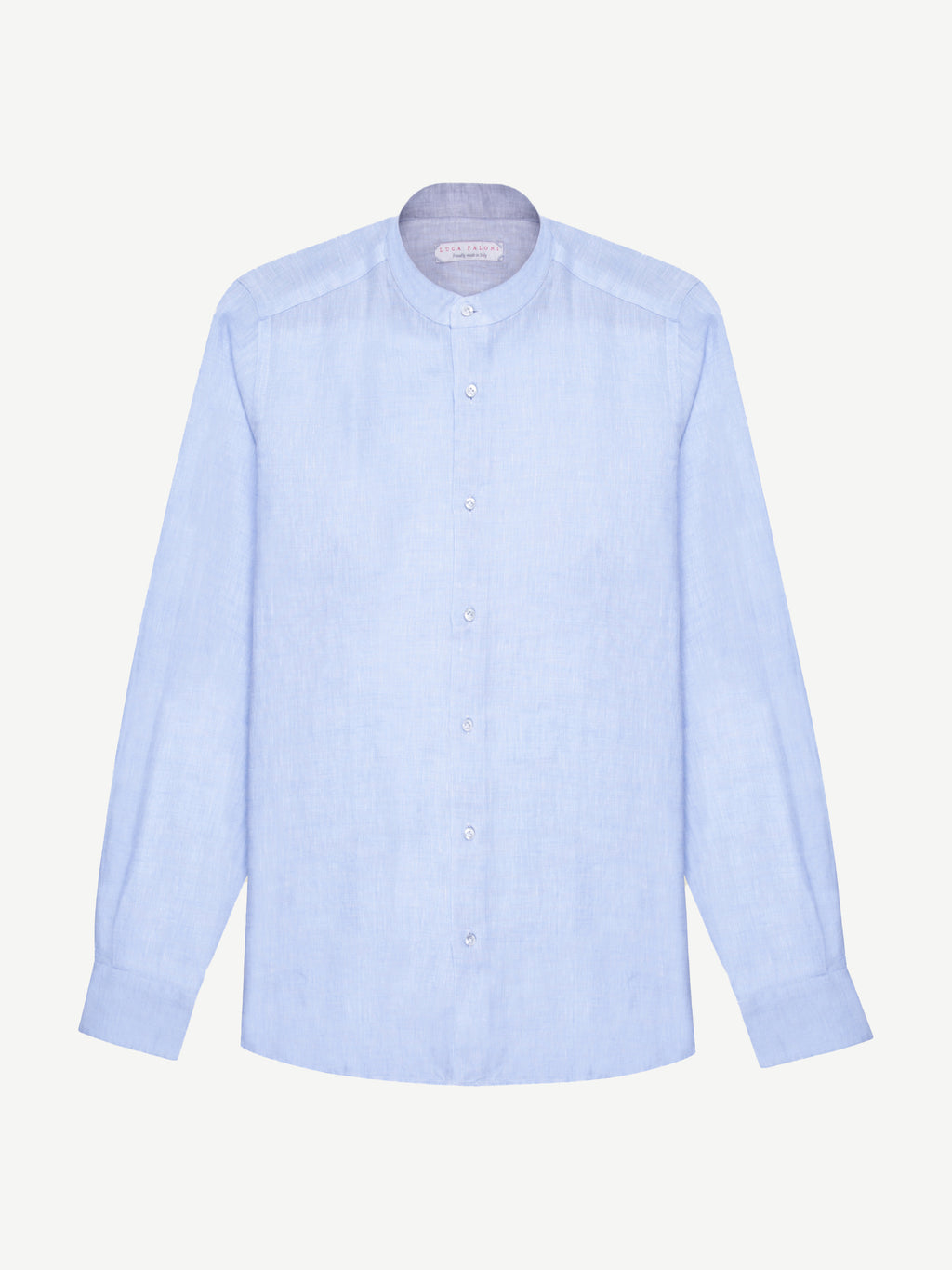Front view of the light blue Versilia Linen Shirt with a band collar, laid flat on a plain background.