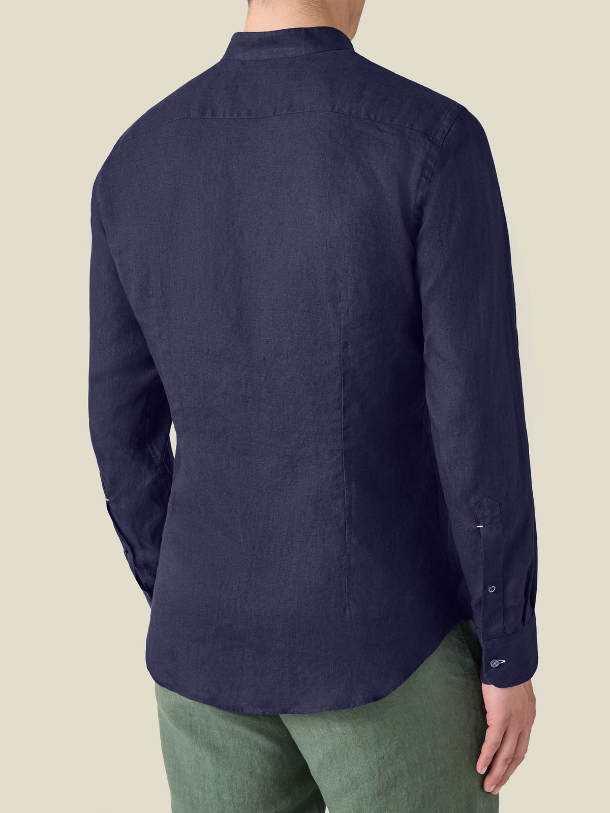 Back view of the midnight blue Versilia Linen Shirt with a band collar, crafted from Italian linen.