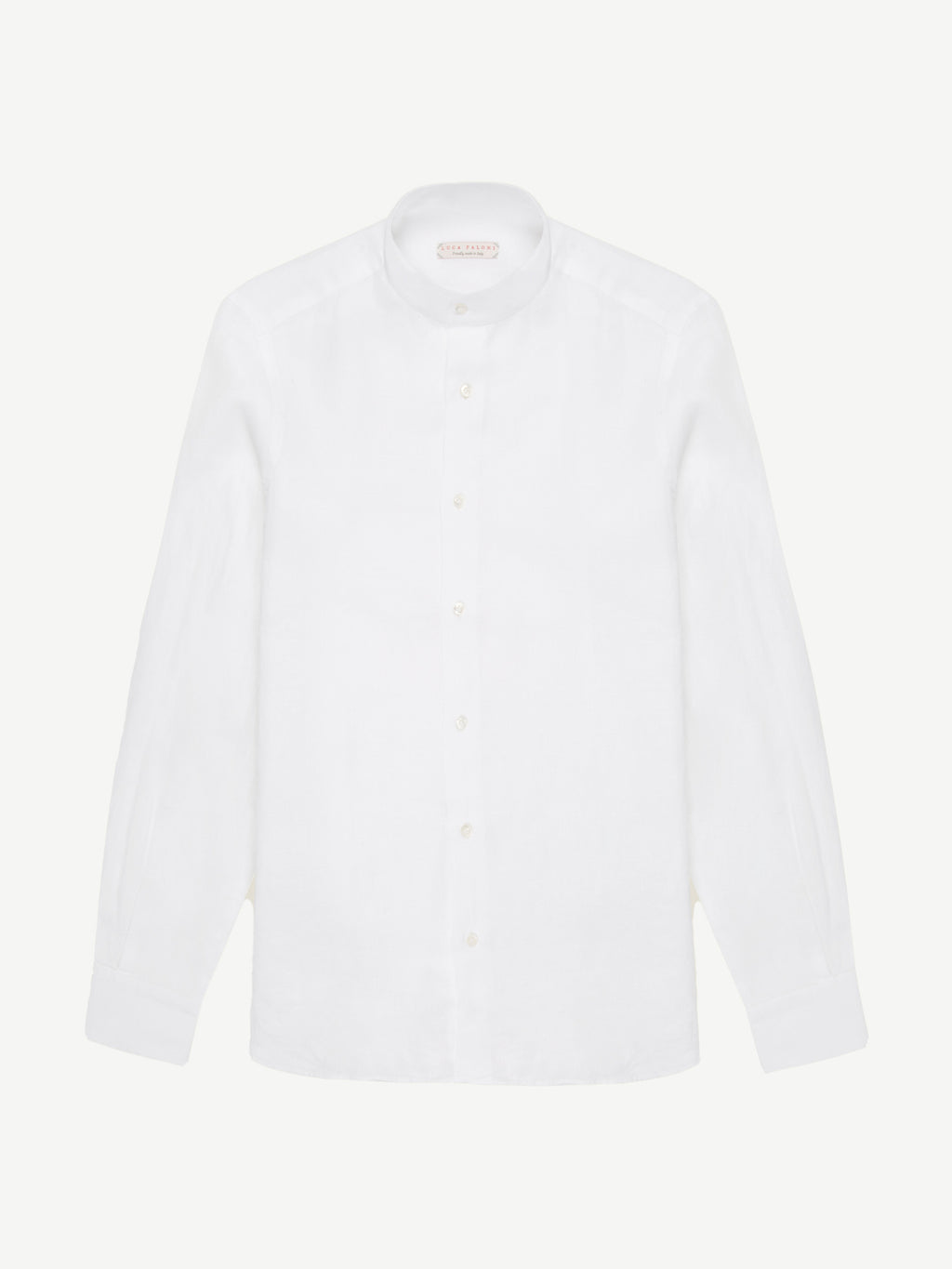Front view of the white Versilia Linen Shirt with a band collar, laid flat on a plain background.