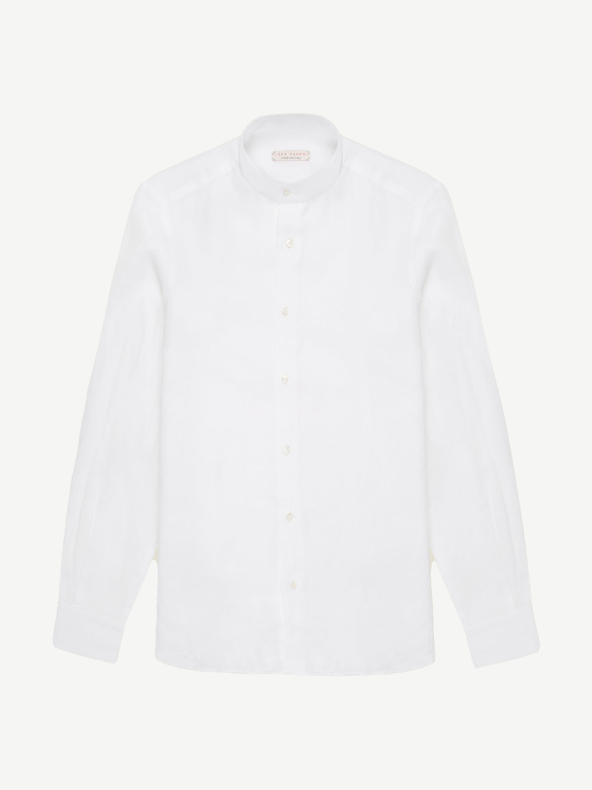 Front view of the white Versilia Linen Shirt with a band collar, laid flat on a plain background.