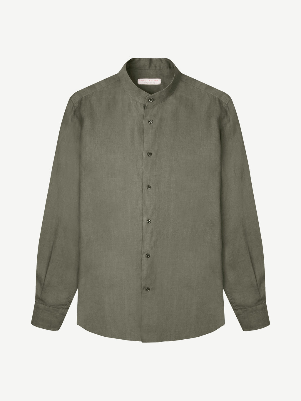 Front view of the olive green Versilia Linen Shirt with a band collar, laid flat against a white background.