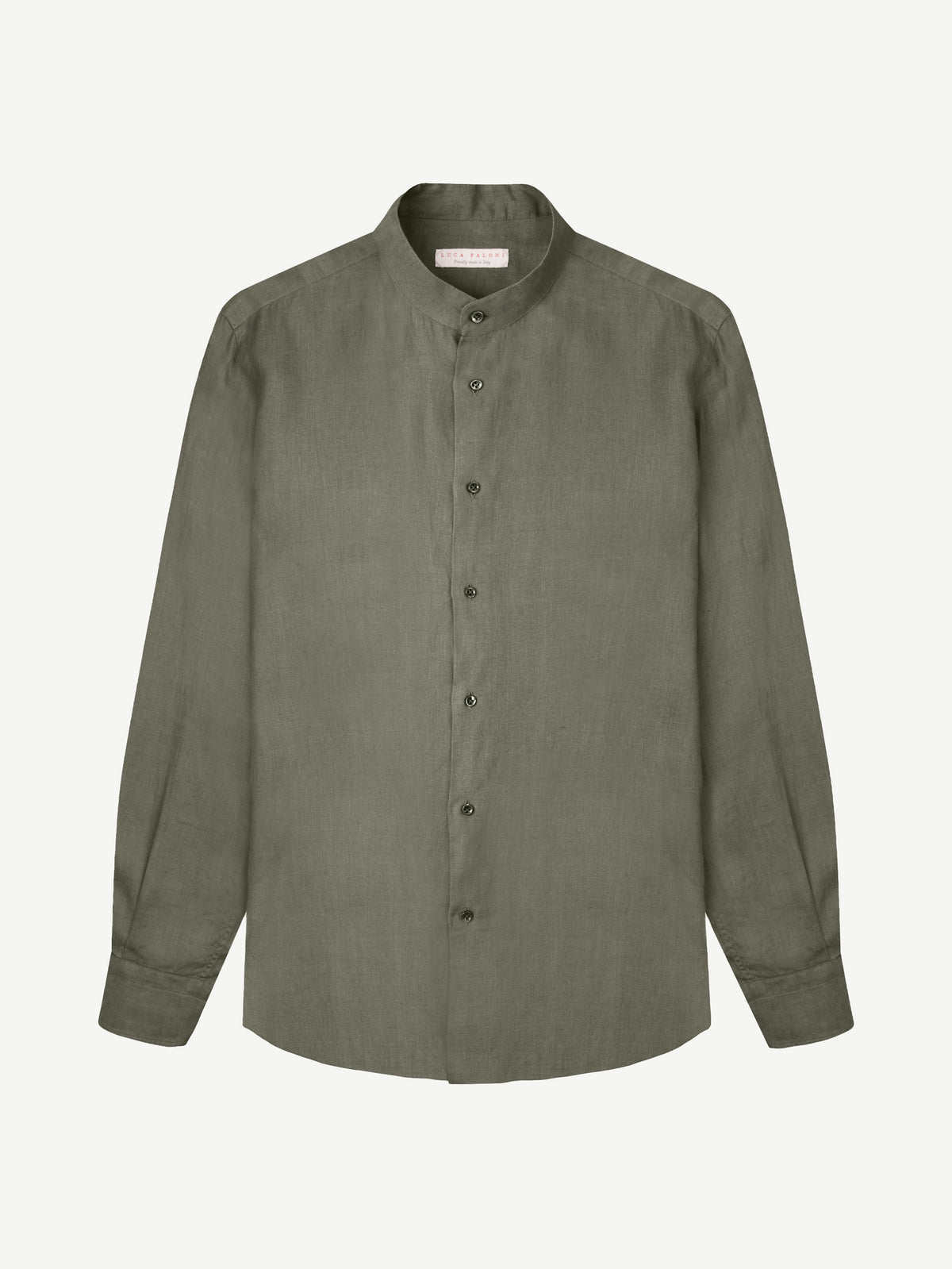 Front view of the olive green Versilia Linen Shirt with a band collar, laid flat against a white background.