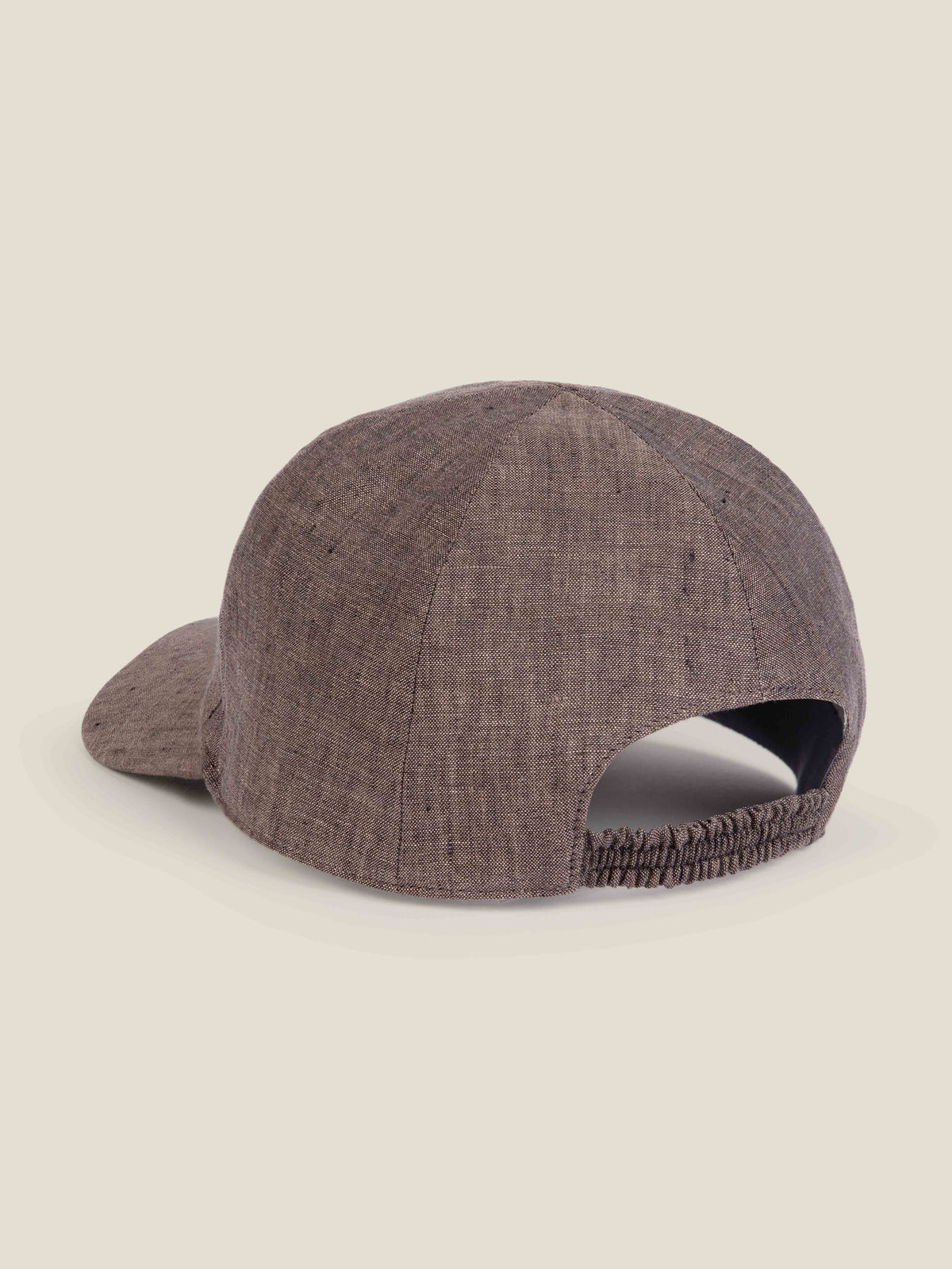Back of the Luca Faloni Linen Baseball Cap in chocolate brown, showing the elasticated strap and fine linen texture.