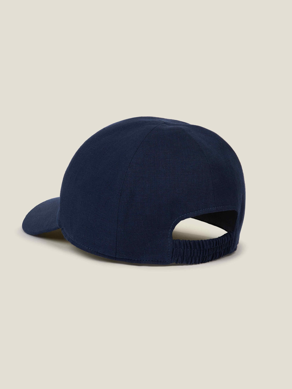 Back view of the Luca Faloni Linen Baseball Cap in Midnight Blue, showcasing the elasticated back strap detail.