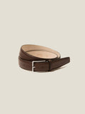 A coiled dark brown calf leather belt with a silver buckle, handcrafted in Italy.