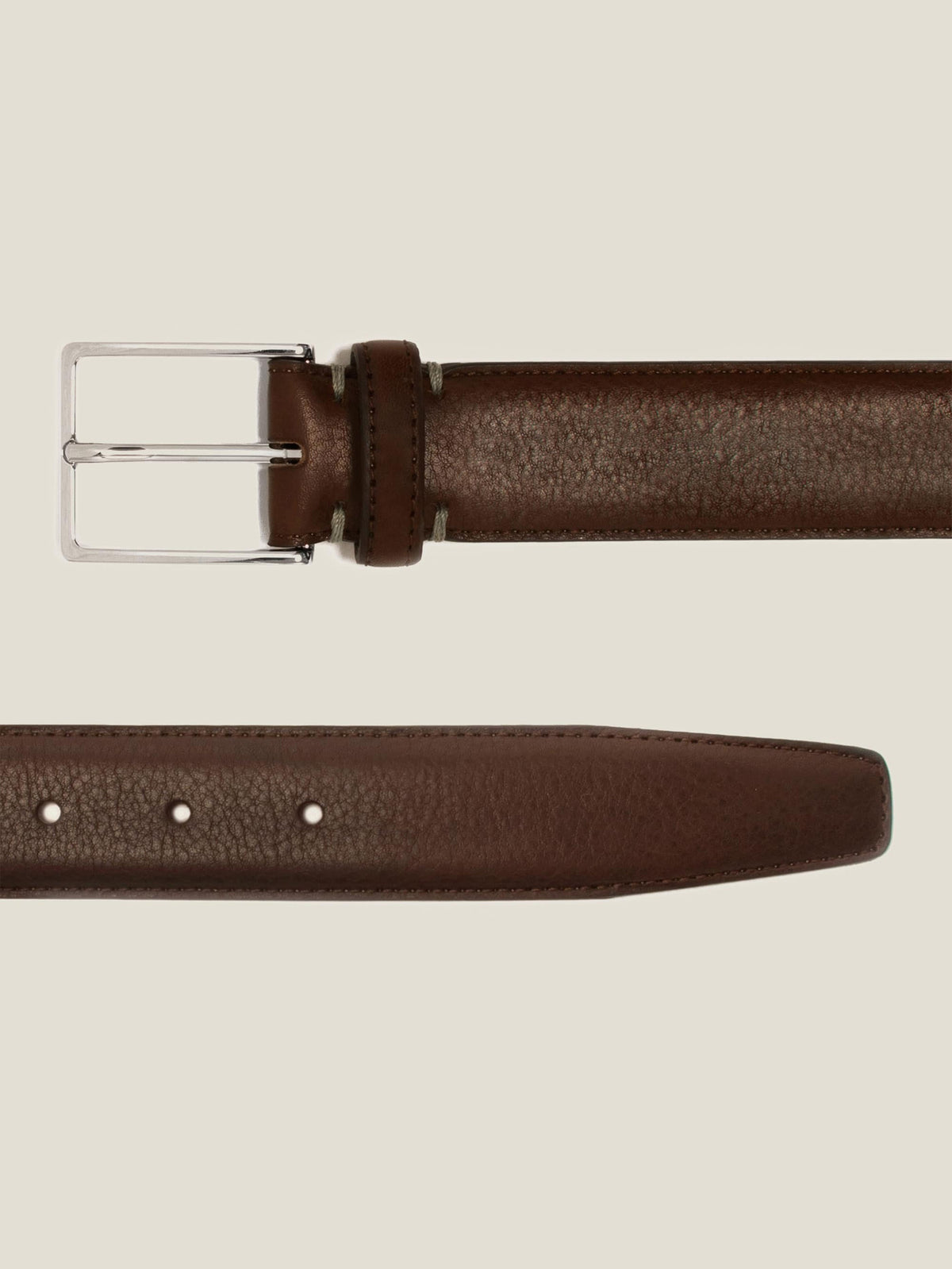Close-up of the Luca Faloni Dark Brown Calf Leather Belt, detailing the silver buckle and textured leather tip.