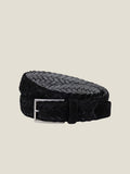 Front view of the Luca Faloni Woven Suede Belt in black, coiled and laid flat.