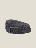 Front view of the Luca Faloni Woven Belt in charcoal grey, coiled against a plain background.