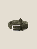 Close-up of the Luca Faloni Khaki Green Woven Suede Belt, coiled to showcase its texture and silver-toned buckle.