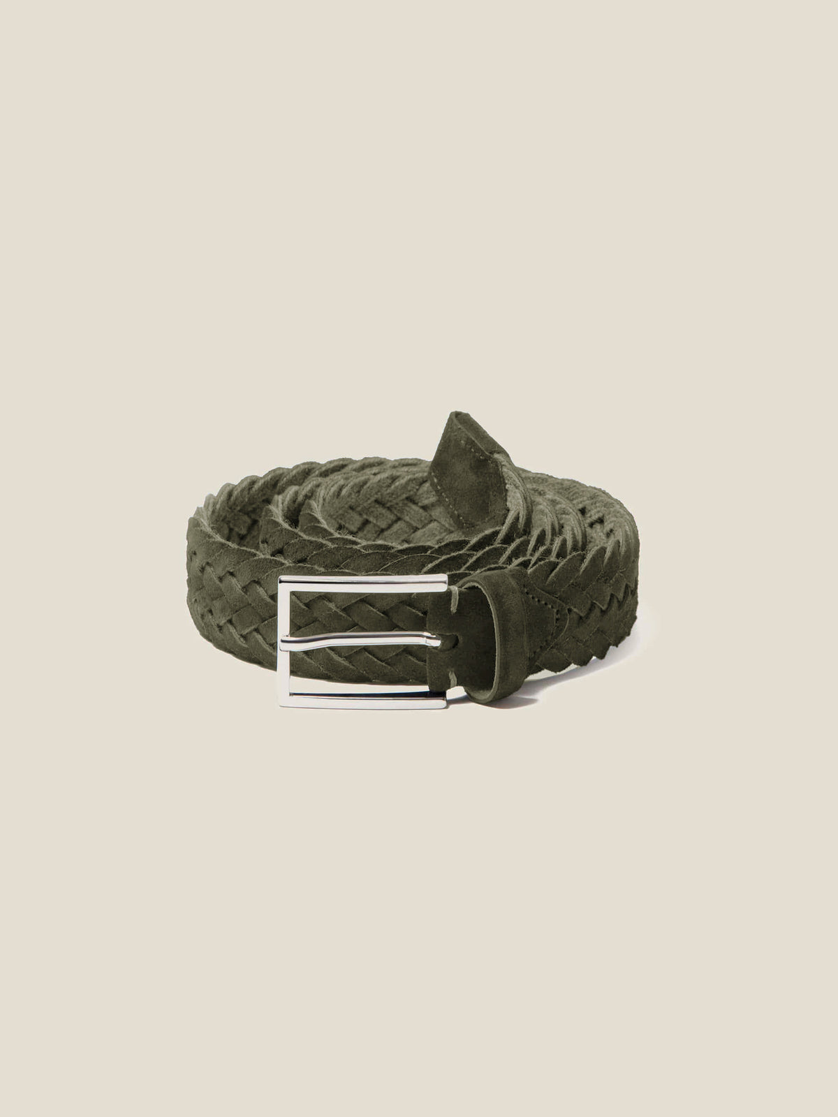 Close-up of the Luca Faloni Khaki Green Woven Suede Belt, coiled to showcase its texture and silver-toned buckle.