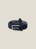 Studio shot of a coiled Luca Faloni navy blue woven suede belt with a silver buckle.
