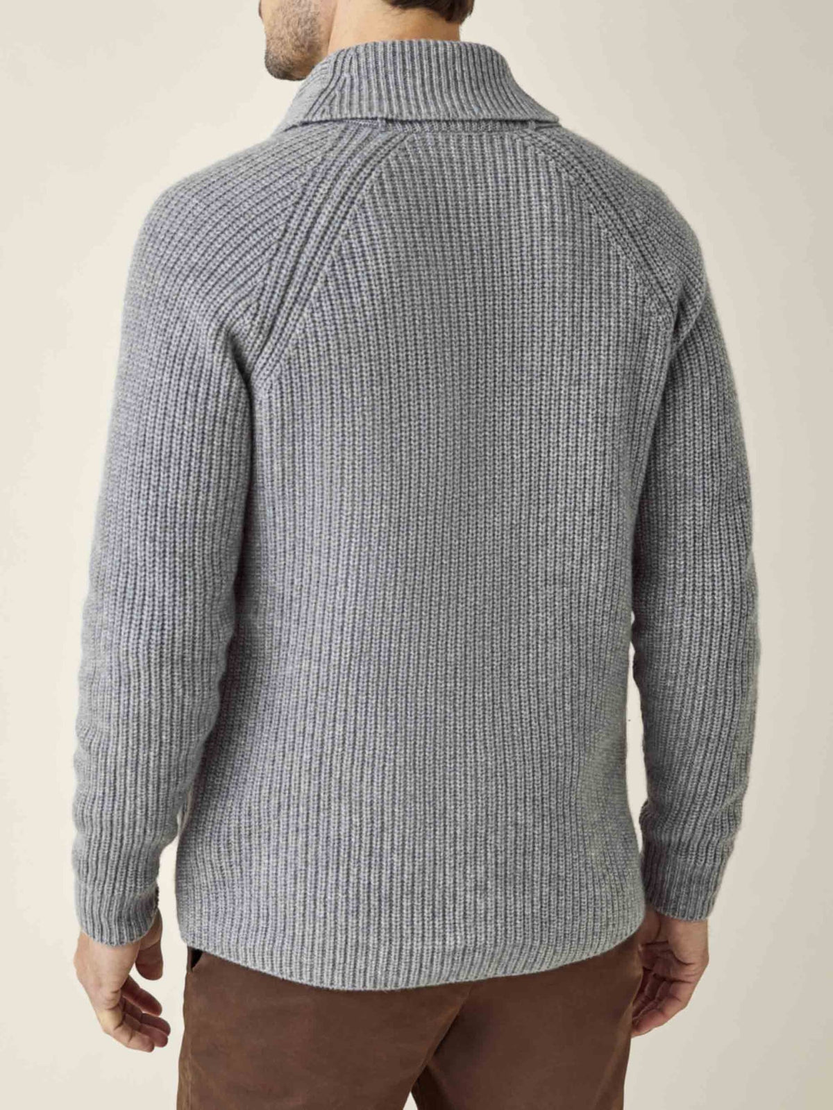 Back view of the Luca Faloni Chunky Knit Cardigan in Dolomiti Grey, showing the ribbed knit and shawl collar.
