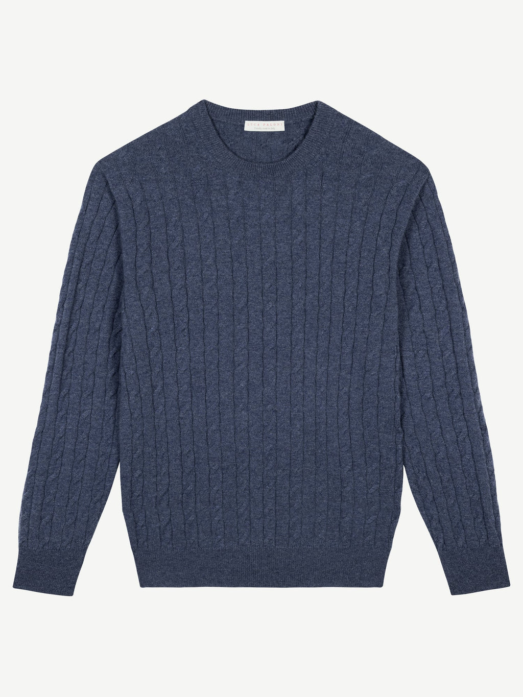 Front view of the Luca Faloni blue Cable Knit sweater, laid flat on a white background.