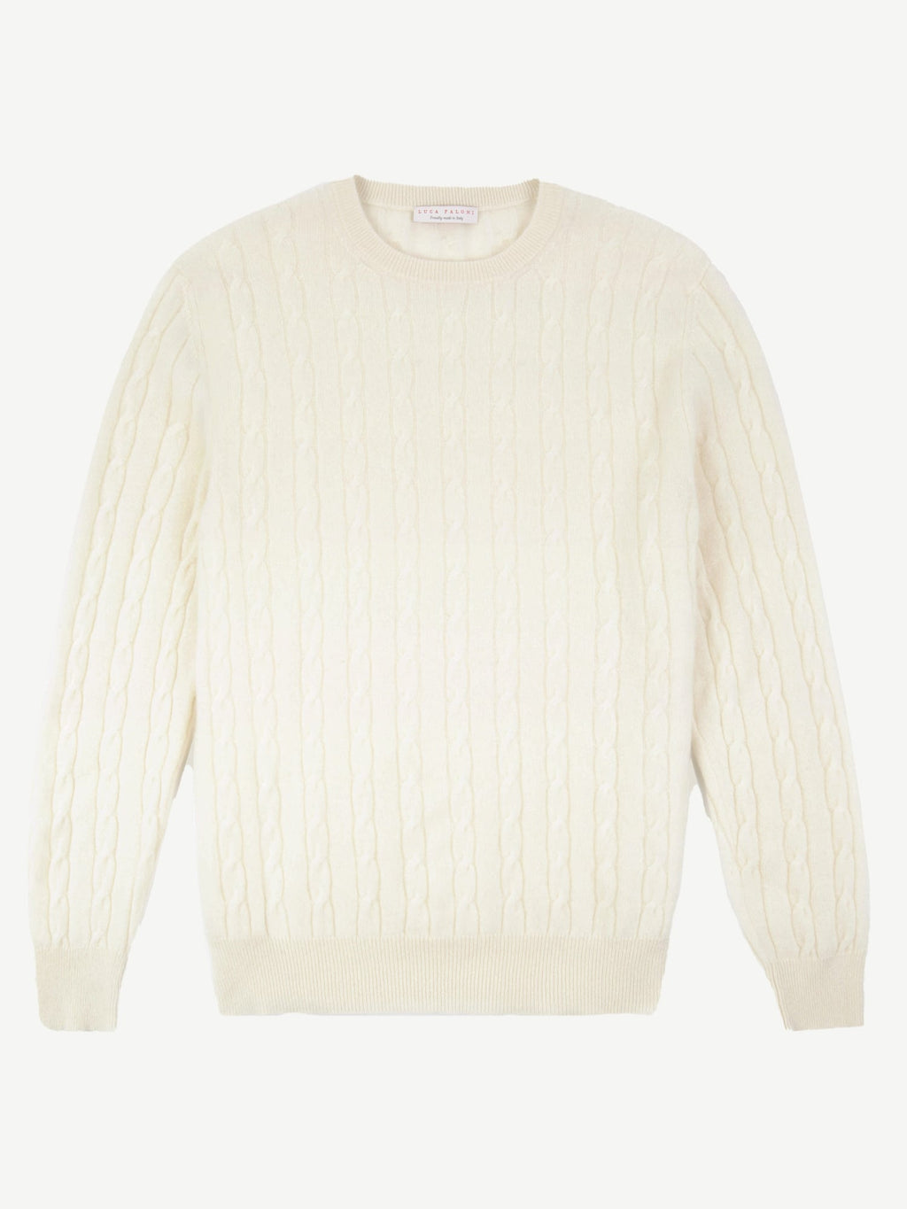 Front view of the Luca Faloni Cable Knit sweater, laid flat to show the detailed cable knit pattern and crew neckline.