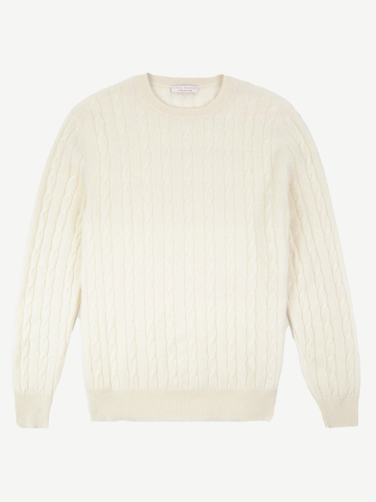 Front view of the Luca Faloni Cable Knit sweater, laid flat to show the detailed cable knit pattern and crew neckline.