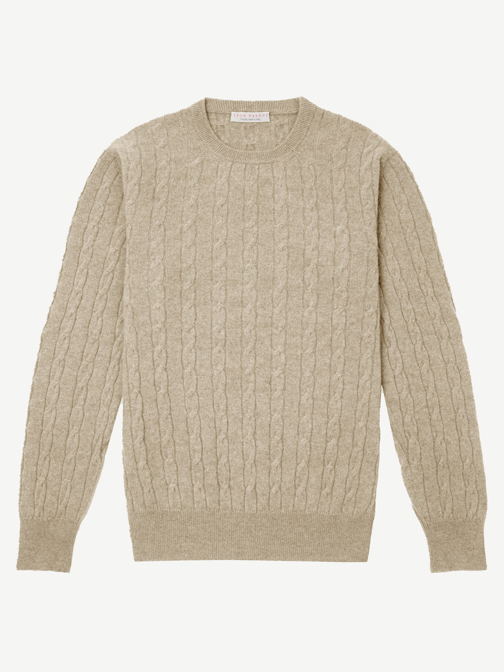 Product shot of the Luca Faloni Cable Knit jumper in beige, showing the crew neck and intricate cable knit texture.