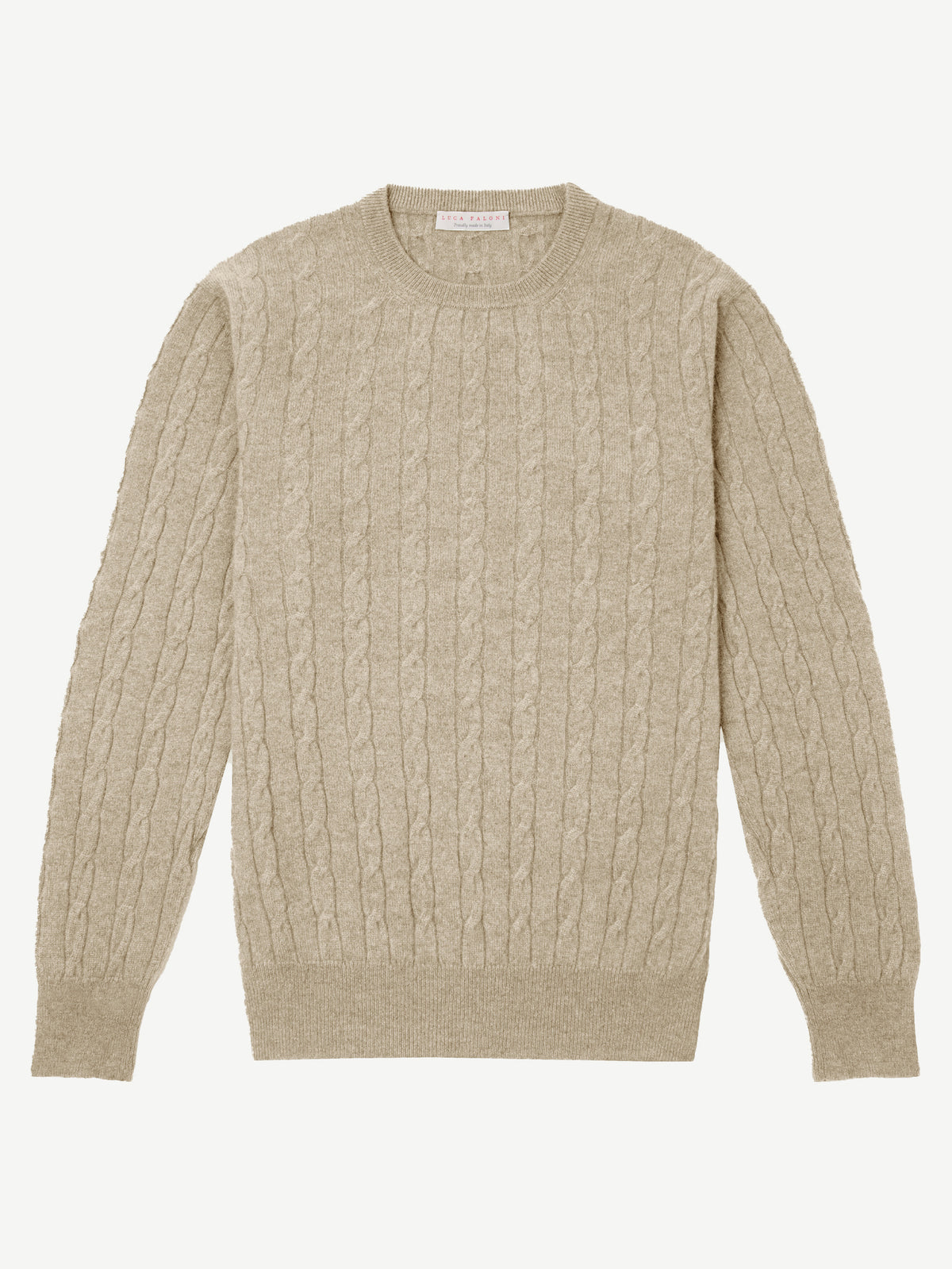 Product shot of the Luca Faloni Cable Knit jumper in beige, showing the crew neck and intricate cable knit texture.