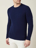 Man wearing the Midnight Blue Cable Knit crew neck jumper in pure cashmere from Luca Faloni.