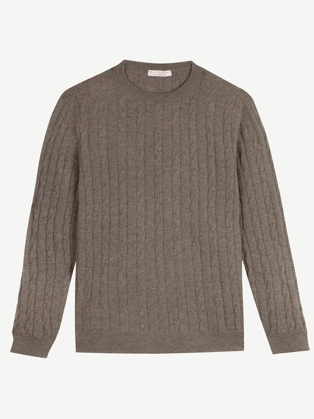 Front view of the brown cashmere Cable Knit jumper. The product is laid flat to display the cable knit texture.