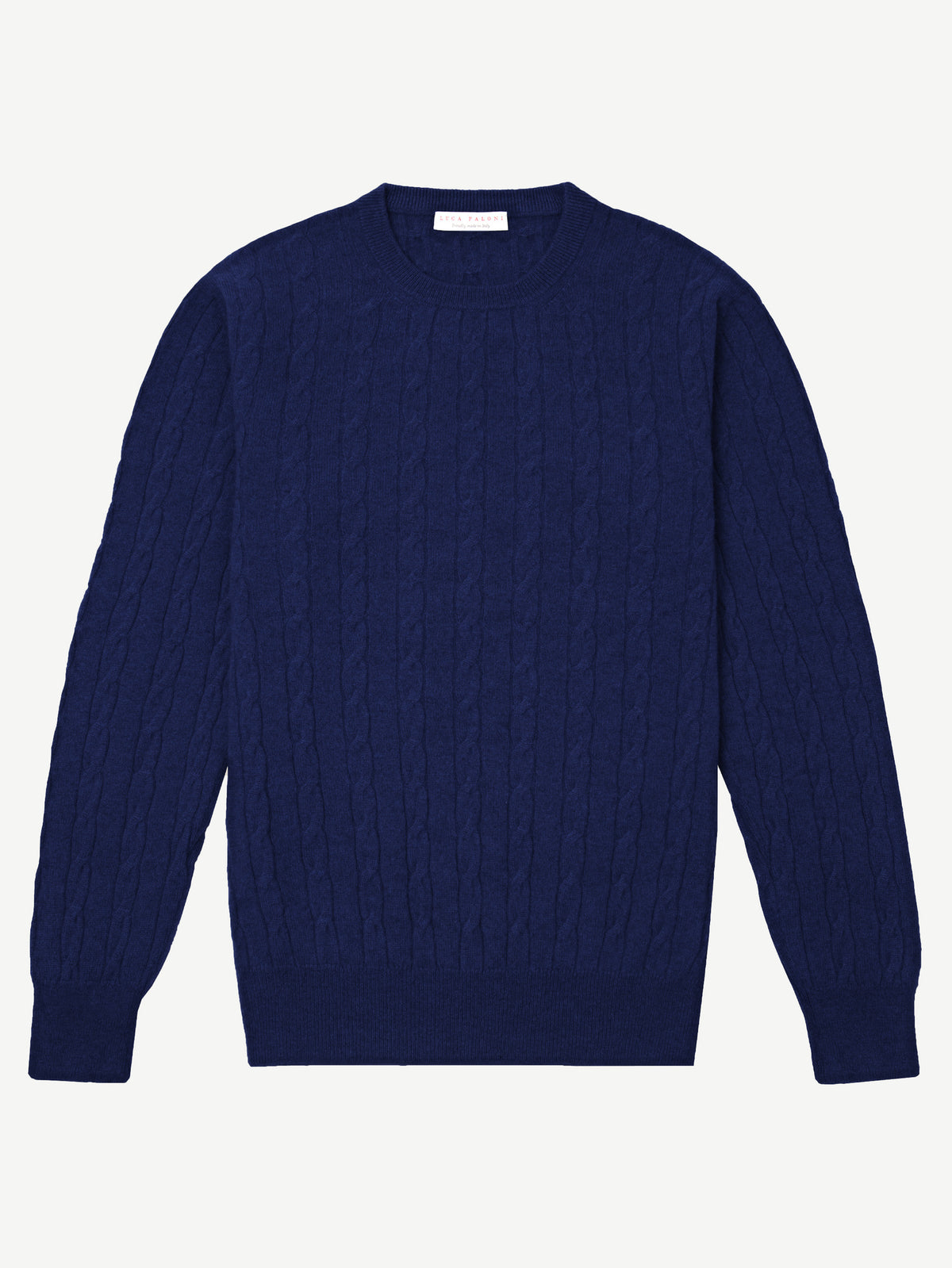Front view of the navy blue cable knit cashmere sweater.