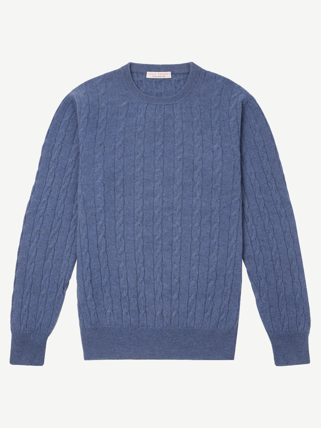Front view of the Luca Faloni Cable Knit sweater in blue, featuring a crew neck and an all-over cable knit pattern.