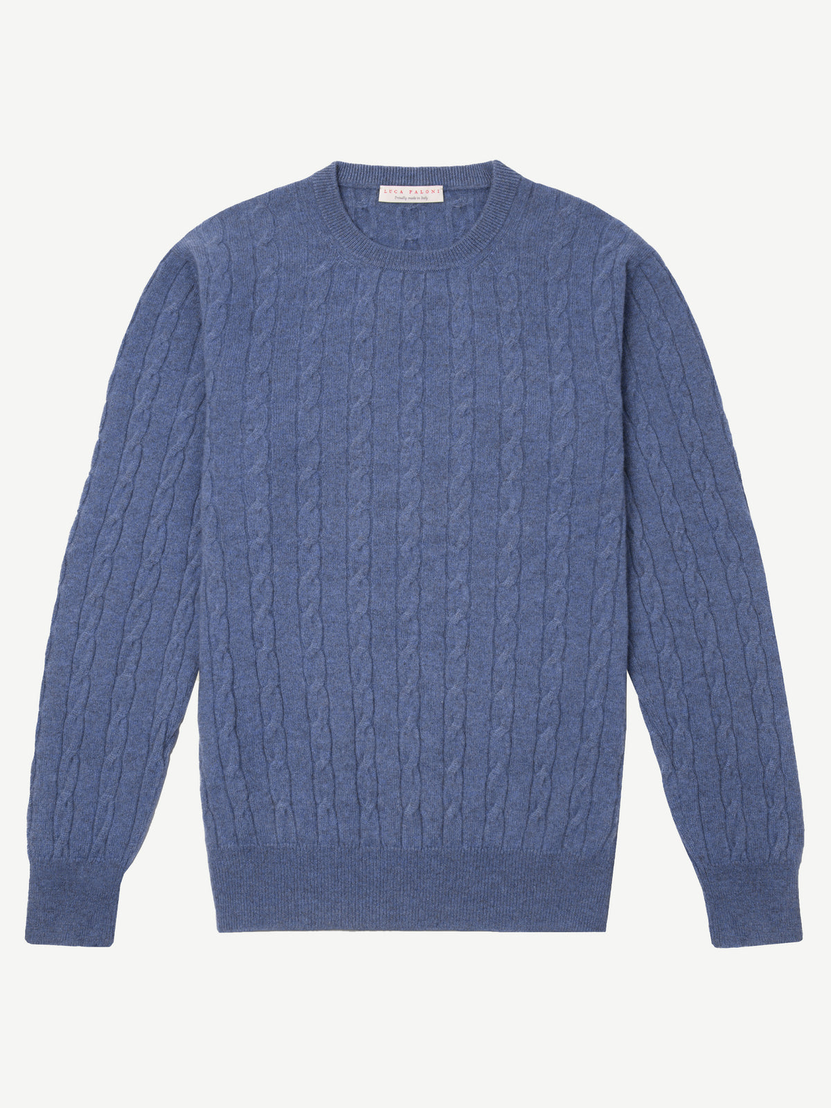 Front view of the Luca Faloni Cable Knit sweater in blue, featuring a crew neck and an all-over cable knit pattern.