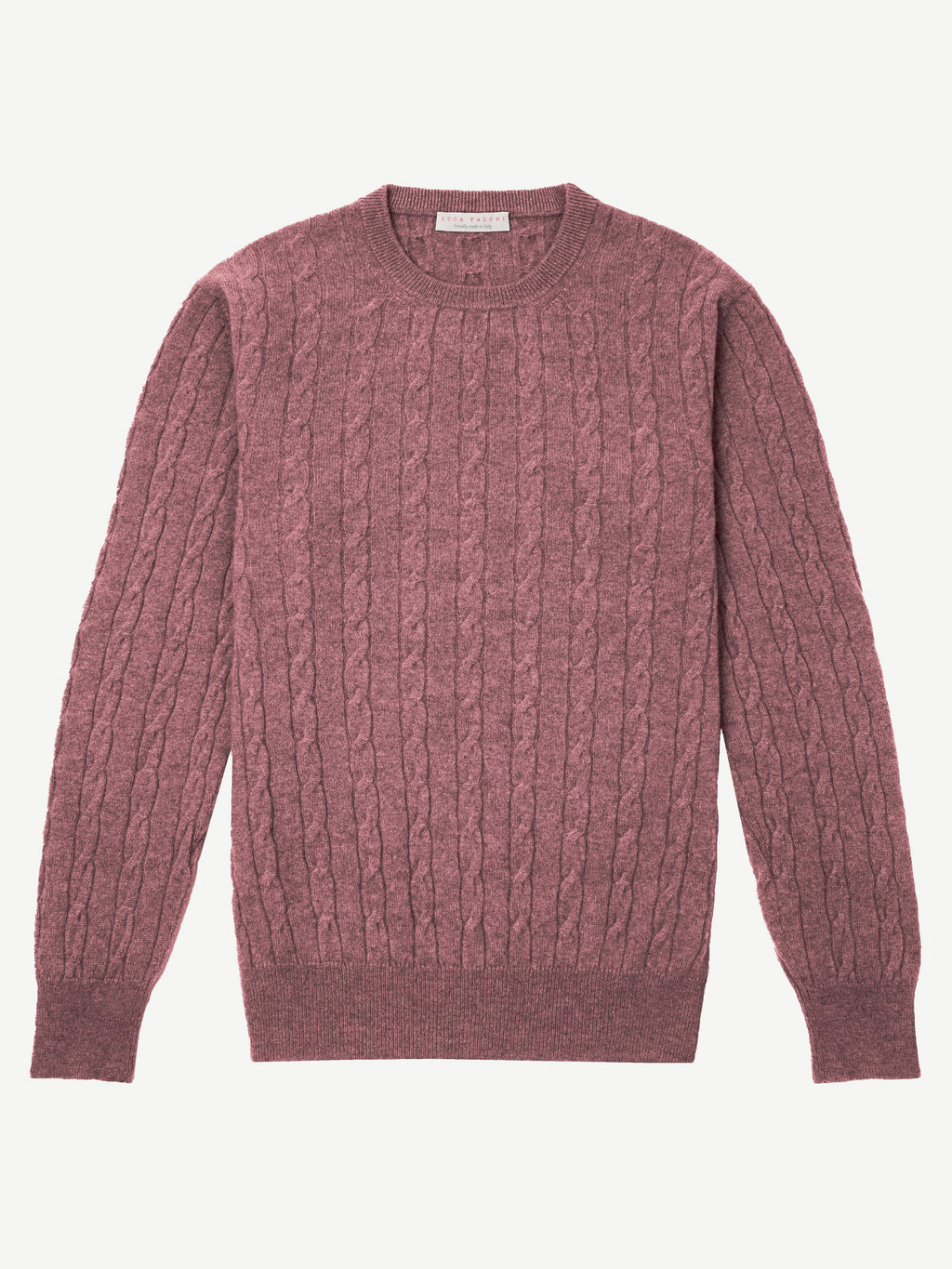 Product shot of a dusty pink cashmere cable knit sweater.