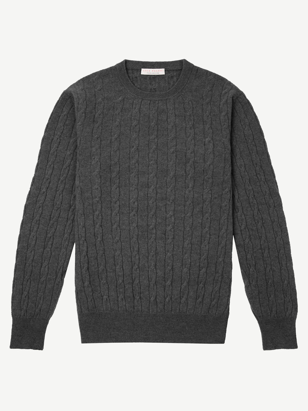 Studio shot of the Luca Faloni Cable Knit sweater in dark grey cashmere.