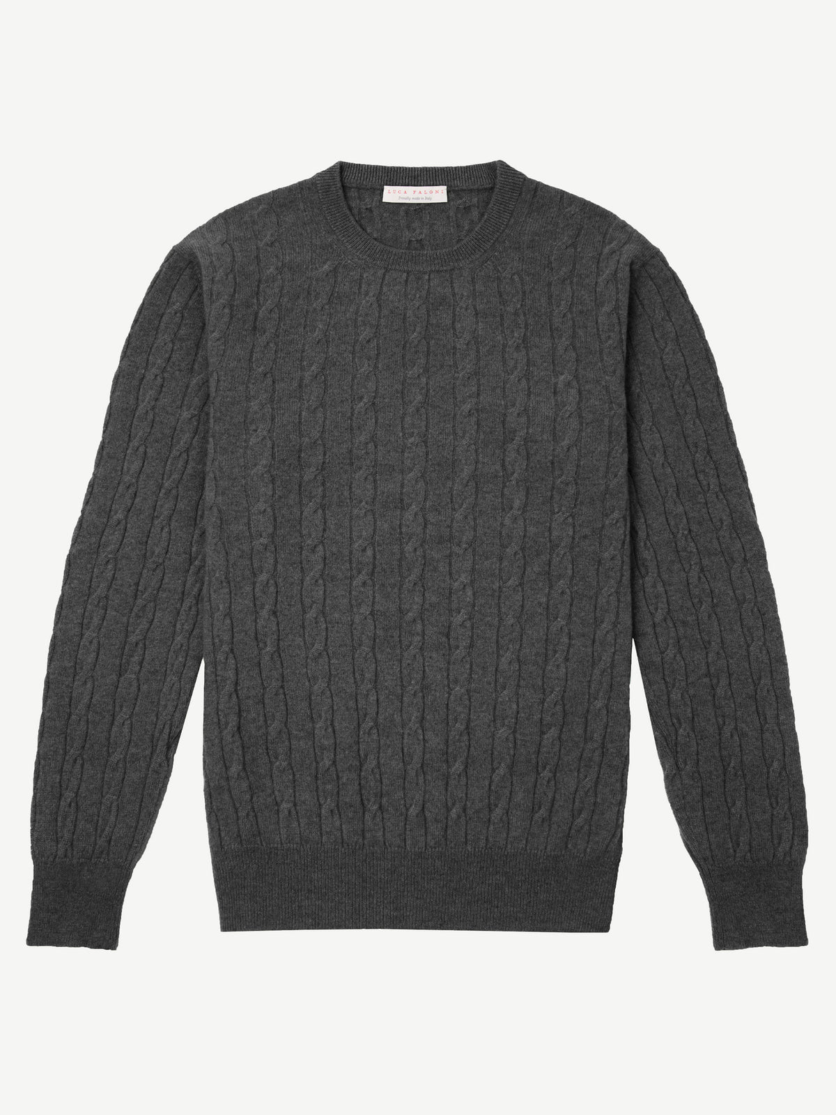 Studio shot of the Luca Faloni Cable Knit sweater in dark grey cashmere.